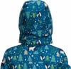 Rückansicht einer Jacke mit Pinguinen und Weihnachtsbäumen auf blauem Hintergrund.