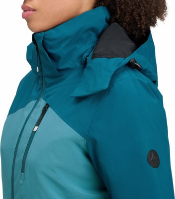 Damen-Outdoorjacke in Blau mit hohem Kragen und Kapuze, Kontrastpaneele.