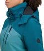 Damen-Outdoorjacke in Blau mit hohem Kragen und Kapuze, Kontrastpaneele.