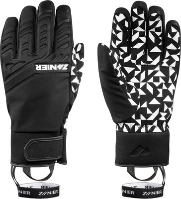 Schwarze und weiße Skihandschuhe mit geometrischem Muster und ZANIER-Logo. Schwarze und weiße Skihandschuhe mit geometrischem Muster und ZANIER-Logo.