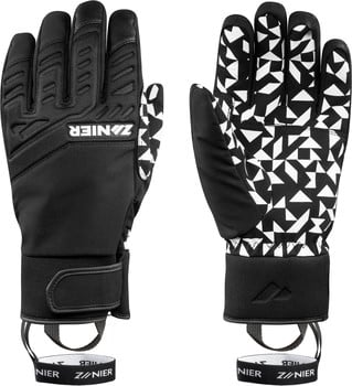 Schwarze und weiße Skihandschuhe mit geometrischem Muster und ZANIER-Logo.