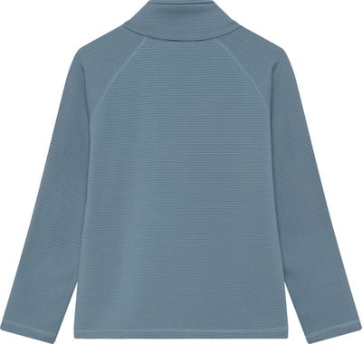 Blauer Pullover mit langen Ärmeln und Stehkragen aus leicht geripptem Stoff. Blauer Pullover mit langen Ärmeln und Stehkragen aus leicht geripptem Stoff.