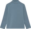 Blauer Pullover mit langen Ärmeln und Stehkragen aus leicht geripptem Stoff.
