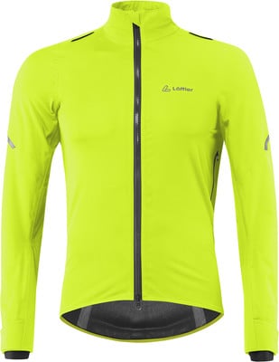 Neongelbe Fahrradjacke mit schwarzem Reißverschluss und Logo. Neongelbe Fahrradjacke mit schwarzem Reißverschluss und Logo.