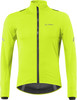 Neongelbe Fahrradjacke mit schwarzem Reißverschluss und Logo.