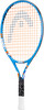 Blauer Tennisschläger mit orangenem Saitenmuster und schwarzem Griff.