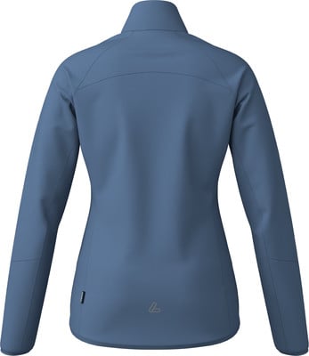 Rückansicht einer blauen Damenjacke mit Logo am unteren Saum. Rückansicht einer blauen Damenjacke mit Logo am unteren Saum.