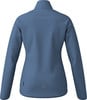 Rückansicht einer blauen Damenjacke mit Logo am unteren Saum.