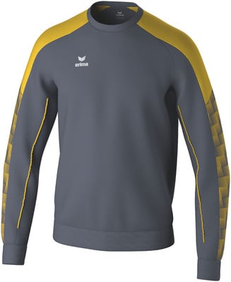 Grauer Pullover mit gelben Details an Schultern und Ärmeln. Grauer Pullover mit gelben Details an Schultern und Ärmeln.