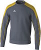 Grauer Pullover mit gelben Details an Schultern und Ärmeln.