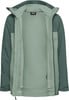 Grüne Jacke mit Futter und Reißverschluss, mit Logo am Kragen.