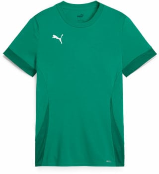 Grünes Puma-T-Shirt mit weißem Logo und dunkleren Seitenteilen.