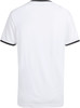 Weißes T-Shirt mit kurzen Ärmeln und schwarzer Einfassung am Kragen und den Ärmeln.