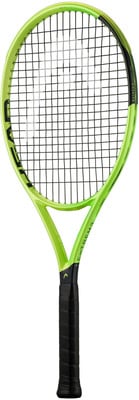 Grüner HEAD Tennisschläger mit schwarzem Griffband und weißem Schriftzug. Grüner HEAD Tennisschläger mit schwarzem Griffband und weißem Schriftzug.
