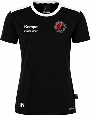 Schwarzes Damen-T-Shirt von Kempa mit Vereinslogo und Intersport-Aufschrift.