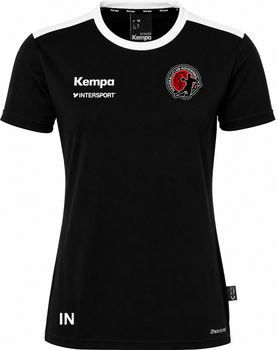 Schwarzes Damen-T-Shirt von Kempa mit Vereinslogo und Intersport-Aufschrift.