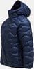 Dunkelblaue Daunenjacke mit Kapuze und wellenförmiger Steppung.
