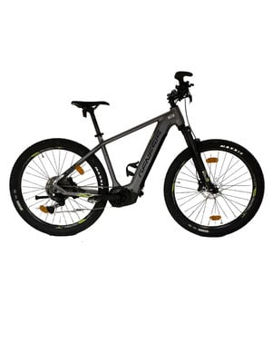 Ein graues E-Mountainbike mit schwarzem Sattel und schwarzem Lenker. Ein graues E-Mountainbike mit schwarzem Sattel und schwarzem Lenker.