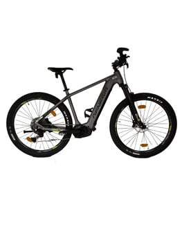 Ein graues E-Mountainbike mit schwarzem Sattel und schwarzem Lenker.