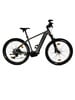 Ein graues E-Mountainbike mit schwarzem Sattel und schwarzem Lenker.