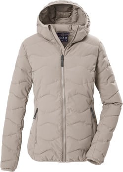 Damen-Steppjacke in Beige mit Kapuze und Reißverschluss.
