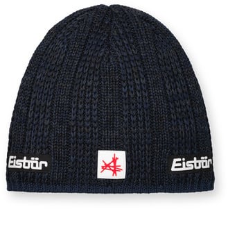 Dunkelblaue Strickmütze mit Eistbär-Logo und rotem Symbol.