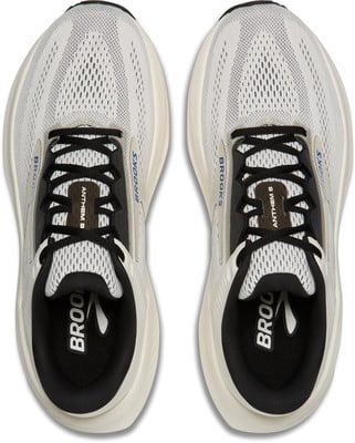 Draufsicht auf ein Paar weiße Laufschuhe mit schwarzen Schnürsenkeln. Draufsicht auf ein Paar weiße Laufschuhe mit schwarzen Schnürsenkeln.