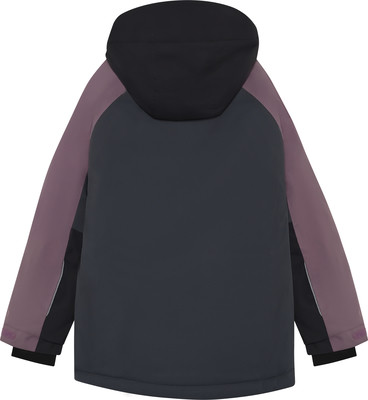 Rückansicht einer dunkelgrauen Jacke mit lila Ärmeln und schwarzer Kapuze. Rückansicht einer dunkelgrauen Jacke mit lila Ärmeln und schwarzer Kapuze.