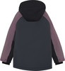 Rückansicht einer dunkelgrauen Jacke mit lila Ärmeln und schwarzer Kapuze.