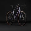 Lila Gravelbike mit braunen Reifen vor schwarzem Hintergrund.