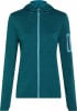 Dunkelgrüne Damen-Kapuzenjacke mit kontrastierendem Reißverschluss.