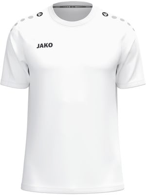 Weißes T-Shirt mit kurzen Ärmeln und JAKO-Logo auf der Brust. Weißes T-Shirt mit kurzen Ärmeln und JAKO-Logo auf der Brust.