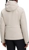 Rückansicht einer beigen Jacke mit Kapuze und schwarzer Hose.