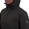 Detail einer Damen-schwarzen Jacke mit Kapuze und Reißverschluss.
