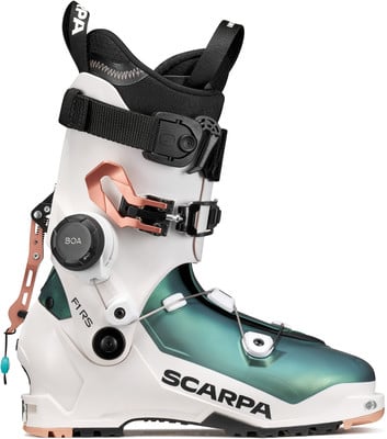 Scarpa F1 RS Skischuh in Weiß und Grün mit BOA-System.