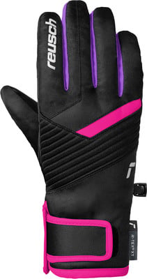Schwarze Handschuhe mit violetten und rosa Details und Reusch-Logo. Schwarze Handschuhe mit violetten und rosa Details und Reusch-Logo.