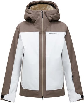 Braun-weiße Herren-Skijacke mit Kapuze und Peak Performance Logo.