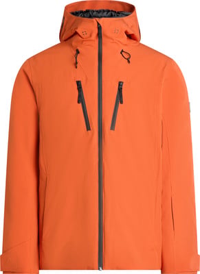 Orange Herren-Skijacke mit Kapuze und schwarzen Reißverschlüssen. Orange Herren-Skijacke mit Kapuze und schwarzen Reißverschlüssen.