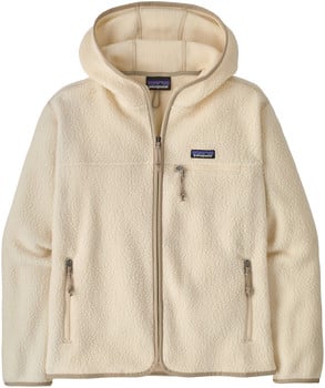 Eine cremefarbene Patagonia Fleecejacke mit Reißverschluss und Kapuze.