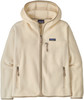 Eine cremefarbene Patagonia Fleecejacke mit Reißverschluss und Kapuze.