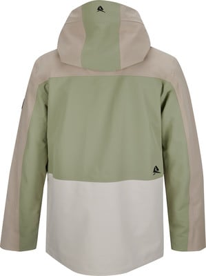 Rückseite einer Kapuzenjacke in Beige- und Grüntönen mit Logo. Rückseite einer Kapuzenjacke in Beige- und Grüntönen mit Logo.