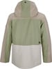Rückseite einer Kapuzenjacke in Beige- und Grüntönen mit Logo.