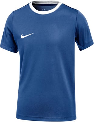 Ein blaues Nike-T-Shirt mit weißem Kragen und Logo auf der Brust. Ein blaues Nike-T-Shirt mit weißem Kragen und Logo auf der Brust.