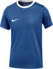 Ein blaues Nike-T-Shirt mit weißem Kragen und Logo auf der Brust.