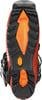 Ansicht der Sohle eines Skischuhs mit orange-schwarzem Muster.