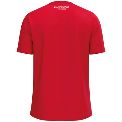 Rotes T-Shirt mit kurzen Ärmeln und Intersport Potscher Logo auf dem Rücken.