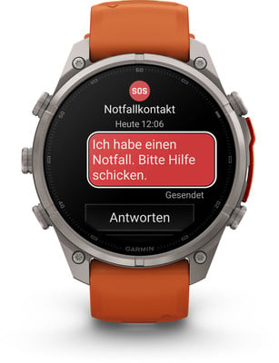 Eine Smartwatch zeigt eine SOS-Notfallnachricht auf Deutsch an und bietet eine Antwortmöglichkeit. Eine Smartwatch zeigt eine SOS-Notfallnachricht auf Deutsch an und bietet eine Antwortmöglichkeit.