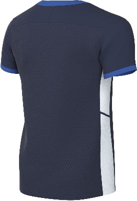Rückansicht eines dunkelblauen T-Shirts mit weißem Seitenteil. Rückansicht eines dunkelblauen T-Shirts mit weißem Seitenteil.
