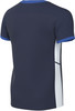 Rückansicht eines dunkelblauen T-Shirts mit weißem Seitenteil.