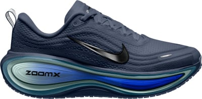 Modré bežecké topánky Nike s čiernym logom a modrou podrážkou ZoomX.